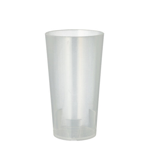 The Starpak 10 reusable drinking cup from Starpak made of transparent, environmentally friendly plastic with a smooth surface stands upright on a plain white background.