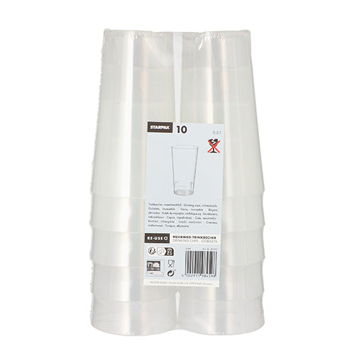 A stack of Starpak 10 reusable drinking cups from the brand Starpak is packaged in transparent foil. The front label shows product information, barcode, and icons.