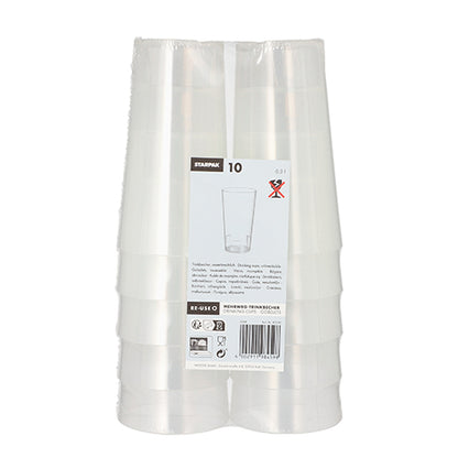 A stack of Starpak 10 reusable drinking cups from the brand Starpak is packaged in transparent foil. The front label shows product information, barcode, and icons.