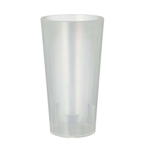 A Starpak 10 reusable drinking cup from Starpak stands upright on a white background, characterized by a simple, translucent appearance, a smooth surface, and a slightly conical shape that is wider at the top and narrower at the bottom.