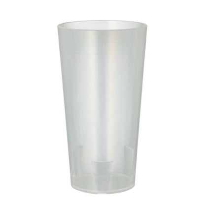 A Starpak 10 reusable drinking cup from Starpak stands upright on a white background, characterized by a simple, translucent appearance, a smooth surface, and a slightly conical shape that is wider at the top and narrower at the bottom.