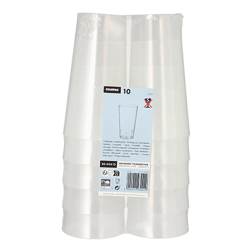 The product "Starpak 10 reusable drinking cup" from the brand Starpak features ten stackable, durable cups made of clear plastic in environmentally friendly packaging with a blue-white label arranged standing.