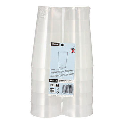 The product "Starpak 10 reusable drinking cup" from the brand Starpak features ten stackable, durable cups made of clear plastic in environmentally friendly packaging with a blue-white label arranged standing.
