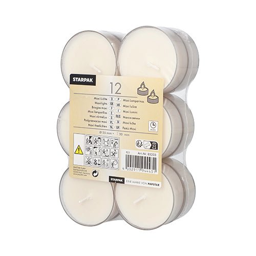 A transparent plastic packaging with 12 Starpak Maxi tealights (Ø 55 mm, 20 mm, white) with approximately 8 hours of burning time, each in a polycarbonate holder. The label shows the brand, product details, application symbols, safety instructions, and a barcode.