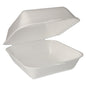 In front of a plain background is a white XXL Starpak hamburger box (XPS, 11x20x20 cm, laminated) with a hinged lid from the Starpak 100 set depicted.