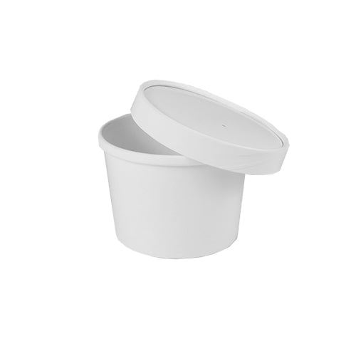 The Starpak 50 soup cup, cardboard "To Go" round white by Starpak is a simple, white food container with a matching lid, ideal for meals on the go. It is empty and slightly tilted against a white background.