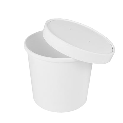A Starpak 50 soup cup cardboard "To Go" round white food container by Starpak with a matching, loose lid, environmentally friendly and empty, stands against a white background - ideal for meals on the go.