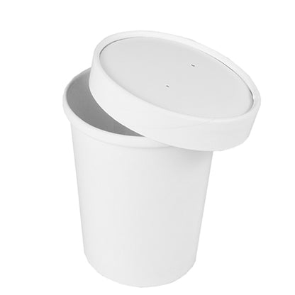 A white Starpak 50 soup cup, cardboard "To Go" round white, with a matching lid (with two small holes) is placed at an angle on the cup, not completely closed. Ideal for takeaway, the set is presented against a simple white background.