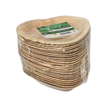 A stack of PAPSTAR plate palm leaf "pure" heart shape (15.5x3 cm, 25 pieces), sustainable disposable tableware made from palm leaf, in shrink wrap with green-white label of the brand PAPSTAR GmbH.