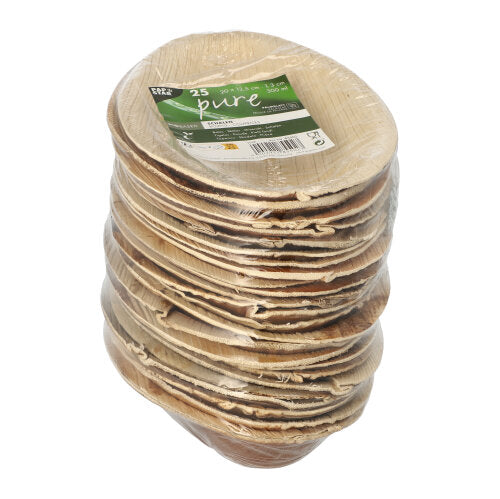 A pack of 25 oval PAPSTAR palm leaf bowls "pure" (20x12.5 cm), eco-friendly and biodegradable, from PAPSTAR GmbH, in shrink wrap with a green-white label.