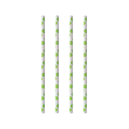 Four PAPSTAR 100 paper straws by PAPSTAR GmbH with a green pattern stand vertically on a white background - perfect sustainable straws for eco-conscious celebrations.