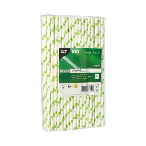PAPSTAR GmbH PAPSTAR 100 straws, paper Ø 6 mm: 100 eco-friendly paper straws with a green dotted pattern, individually wrapped in clear plastic and a green-black label at the front.