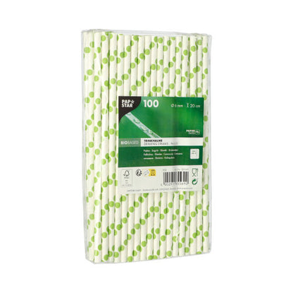 PAPSTAR GmbH PAPSTAR 100 straws, paper Ø 6 mm: 100 eco-friendly paper straws with a green dotted pattern, individually wrapped in clear plastic and a green-black label at the front.