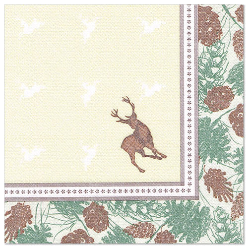 The napkin "ROYAL Collection" from PAPSTAR GmbH 50 napkins (40 x 40 cm, 1/4-fold) is bordered with green pine branches and brown pine cones. The beige center shows a brown deer, faint shapes, and a thin gray inner edge.