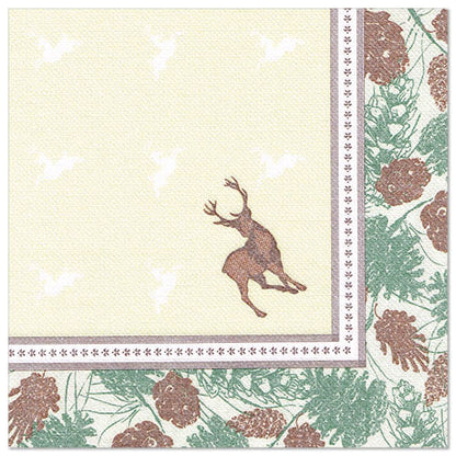 The napkin "ROYAL Collection" from PAPSTAR GmbH 50 napkins (40 x 40 cm, 1/4-fold) is bordered with green pine branches and brown pine cones. The beige center shows a brown deer, faint shapes, and a thin gray inner edge.