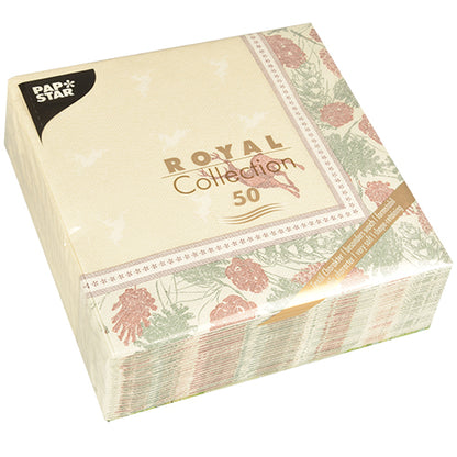 The PAPSTAR GmbH 50 napkins "ROYAL Collection" 1/4-fold 40 x 40 cm features a green and red floral pattern on cream, packaged in plastic.