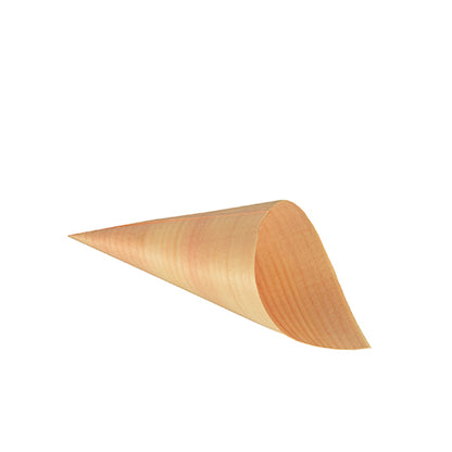 A single PAPSTAR 50 finger food cone bag, wood "pure" by PAPSTAR GmbH, made from eco-friendly, light wood veneer, lies empty on its side against a white background – ideal for stylishly serving finger food.