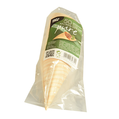 A transparent plastic package with 50 PAPSTAR finger food cone bags made of wood "pure" from PAPSTAR GmbH, with a green label with product information, barcode, and an image of a bag filled with finger food.