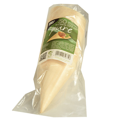 A transparent plastic packaging with 50 conical "pure" finger food cone bags made of wood by PAPSTAR GmbH features a green label with product information and barcode and highlights its eco-friendly wood design.