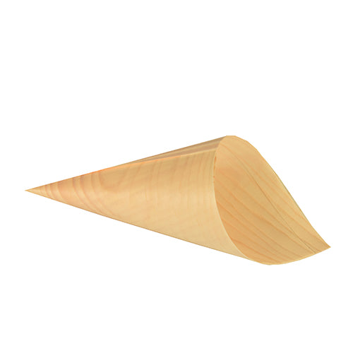 The PAPSTAR 50 finger food cone bags, wood "pure" by PAPSTAR GmbH are smooth, light wooden cone bags in conical shape, ideal for serving finger food. Photographed on a white background.