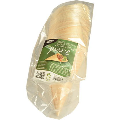 A transparent package with 50 PAPSTAR finger food cone bags, wood "pure" by PAPSTAR GmbH, made from natural materials. The label shows product details, an image of a filled cone bag and emphasizes the wood-inspired design.