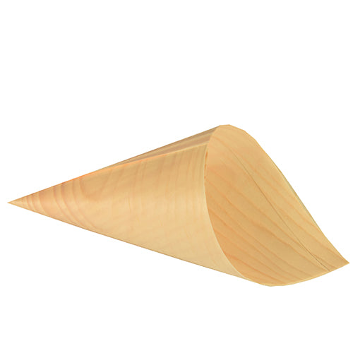The PAPSTAR 50 finger food cone bags, wood "pure" by PAPSTAR GmbH are individual empty, light wooden bags with a smooth surface, perfect for eco-friendly finger food presentation on a white background.