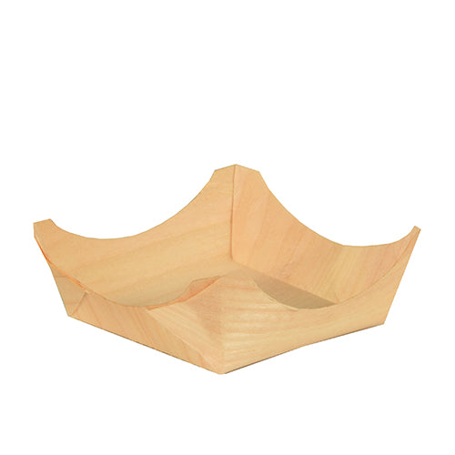 Ein kleines, leeres, helles PAPSTAR 50 Fingerfood-Schalen „pure“ rundes Tablett aus Holz von der PAPSTAR GmbH mit hochgezogenen, abgewinkelten Seiten und eleganter Optik, fotografiert auf einem schlichten weißen Hintergrund.