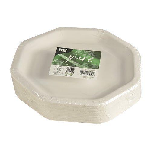 A stack of 50 white, octagonal PAPSTAR plates "pure" (23.5 cm), shrink-wrapped with a green-white label, are compostable, eco-friendly, and perfect for parties. Brand: PAPSTAR GmbH.