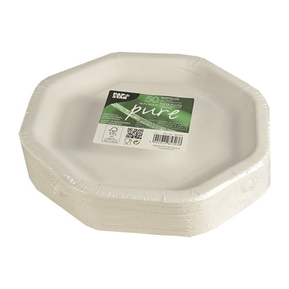 A stack of 50 white, octagonal PAPSTAR plates "pure" (23.5 cm), shrink-wrapped with a green-white label, are compostable, eco-friendly, and perfect for parties. Brand: PAPSTAR GmbH.