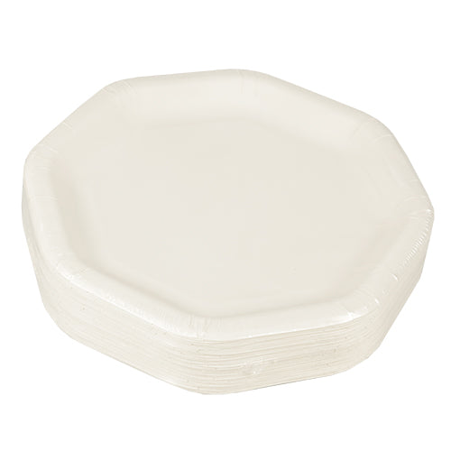 A stack of PAPSTAR plates "pure" octagonal, 23.5 cm, white (50 pieces) from PAPSTAR GmbH in shrink wrap - eco-friendly disposable plates, ideal for celebrations and parties.