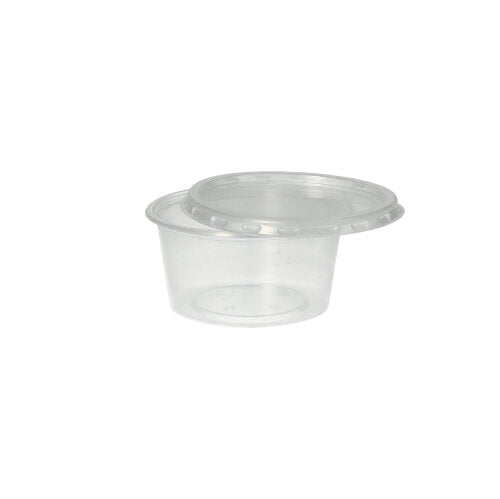 The Starpak 50 dressing cup, PP round Ø 7.1 cm transparent, is a transparent polypropylene cup with a snap lid - ideal for catering service. Presented on a plain white background.