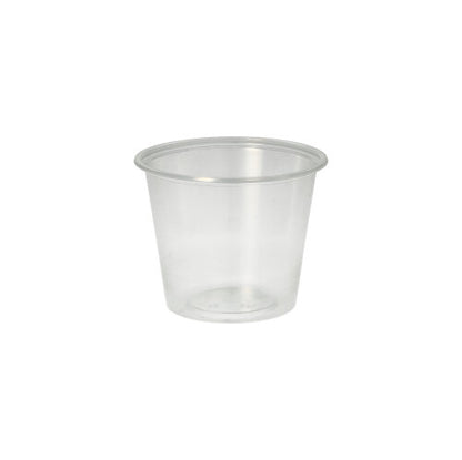 The Starpak 50 dressing cup, PP round Ø 7.1 cm transparent, is a small, clear plastic cup with a slightly flared rim - perfect for catering service - depicted on a plain white background.