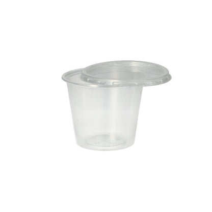 The Starpak 50 dressing cup, PP round Ø 7.1 cm transparent, is a small clear polypropylene cup with a matching transparent lid from Starpak, depicted against a plain white background.