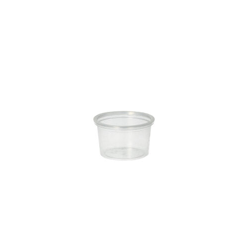 A Starpak 50 portion cup, PP round 30 ml, transparent with a clear lid is displayed against a plain white background.