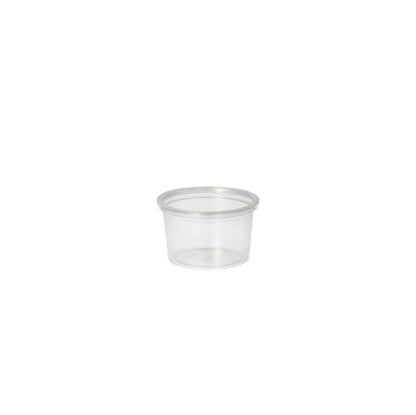 A Starpak 50 portion cup, PP round 30 ml, transparent with a clear lid is displayed against a plain white background.