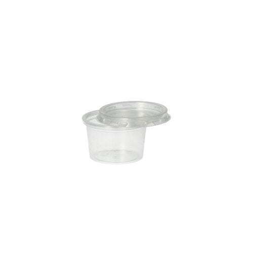 A Starpak 50 portion cup, PP round 30 ml (Ø 4.6 cm · 2.8 cm) in transparent with matching lid - both on a plain white background. The lid is slightly tilted against the open container.