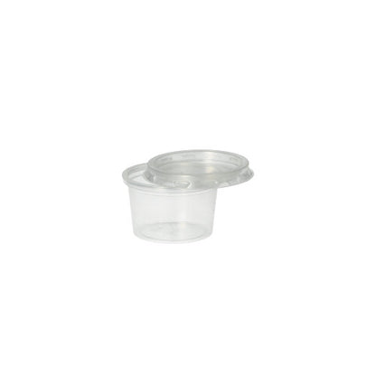 A Starpak 50 portion cup, PP round 30 ml (Ø 4.6 cm · 2.8 cm) in transparent with matching lid - both on a plain white background. The lid is slightly tilted against the open container.