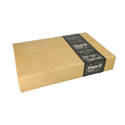 A rectangular, closed, brown PAPSTAR 10 transport and catering box "pure" rectangular from PAPSTAR GmbH made from recyclable materials with a black and white "Snack time! Great Taste Good Food!" label diagonally on top of a white background.