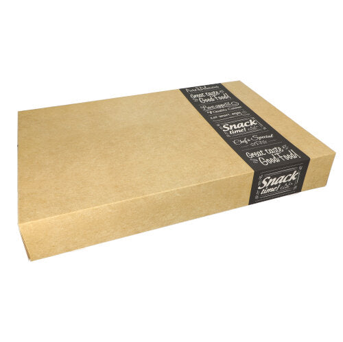 Pictured is a rectangular, closed brown PAPSTAR 10 transport and catering box "pure" from PAPSTAR GmbH, made from environmentally friendly cardboard, with a black label and white lettering, on a white background for food or snack packaging.