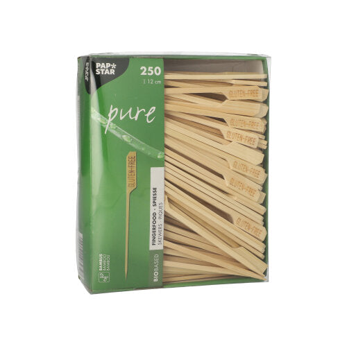 A box with 250 PAPSTAR GmbH Fingerfood skewers "pure" with green, biodegradable packaging; some bamboo skewers are engraved with "GLUTEN-FREE" and are therefore ideal for parties or events with dietary requirements.