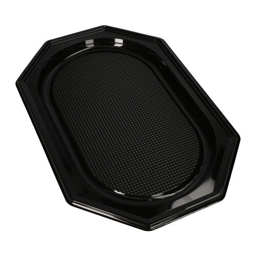 The Starpak 10 serving platters made of black PET plastic have an octagonal shape, a raised rim, and a textured center – ideal for catering events, shown here on a white background.