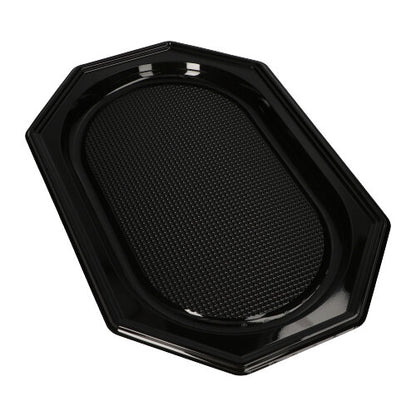 The Starpak 10 serving platters made of black PET plastic have an octagonal shape, a raised rim, and a textured center – ideal for catering events, shown here on a white background.