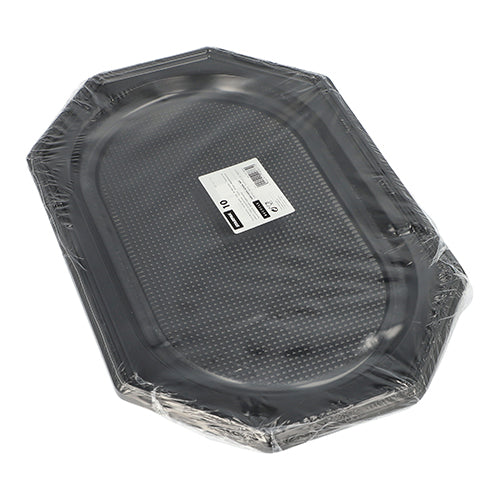 The Starpak 10 serving platters, PET black, are black octagonal serving trays in clear plastic wrap with a white label and barcode – perfect for catering events.