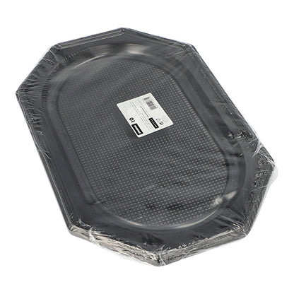 The Starpak 10 serving platters, PET black, are black octagonal serving trays in clear plastic wrap with a white label and barcode – perfect for catering events.