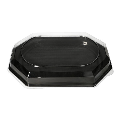 The Starpak 10 lid for serving platters, PET transparent, is a durable octagonal black plastic bowl with a clear lid and textured surface - ideal for carrying or presenting food while keeping it fresh.