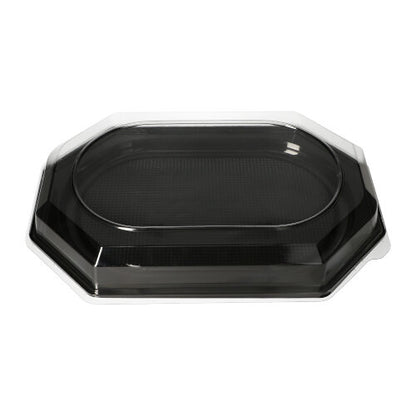 The Starpak 10 lid for serving platters, PET transparent, is a durable octagonal black plastic bowl with a clear lid and textured surface - ideal for carrying or presenting food while keeping it fresh.