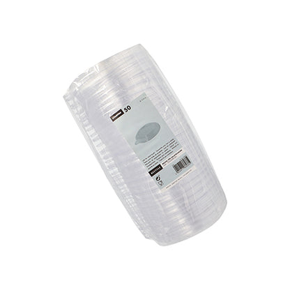 A pack of 50 Starpak disposable PS lids (Ø 12.5 cm, 2.1 cm, transparent) for salad bowls "To Go" wrapped in clear plastic, featuring a rectangular label with brand information and barcode – perfect for takeout dishes.