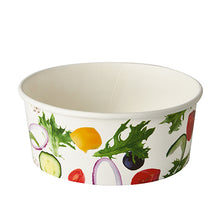 The Starpak 45 salad bowls, cardboard "To Go" Ø 15 cm "Salad", are white paper bowls with colorful veggie print, ideal as eco-friendly salad bowls for fresh and sustainable meals.