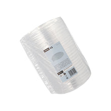 A pack of 45 transparent Starpak PS lids for salad bowls (Ø 15 cm, 2 cm high), still sealed in foil with product information and barcode - perfect for use on the go.