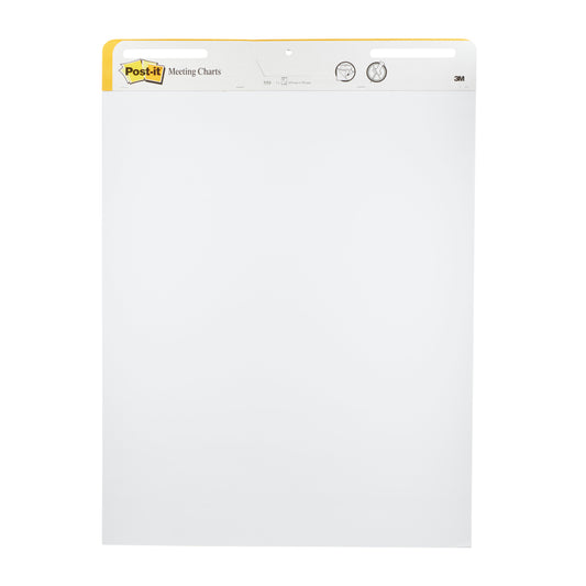 Der Post-it® Super Sticky selbsthaftendes Meeting Chart/Flipchart 559 von 3M Deutschland GmbH hat 30 weiße Blätter pro Block, ist 63,5 x 76,2 cm groß, hat einen gelb-weißen Kopf mit Logo und ist vertikal ausgerichtet für die Wandmontage. Packung mit 2 Blöcken.